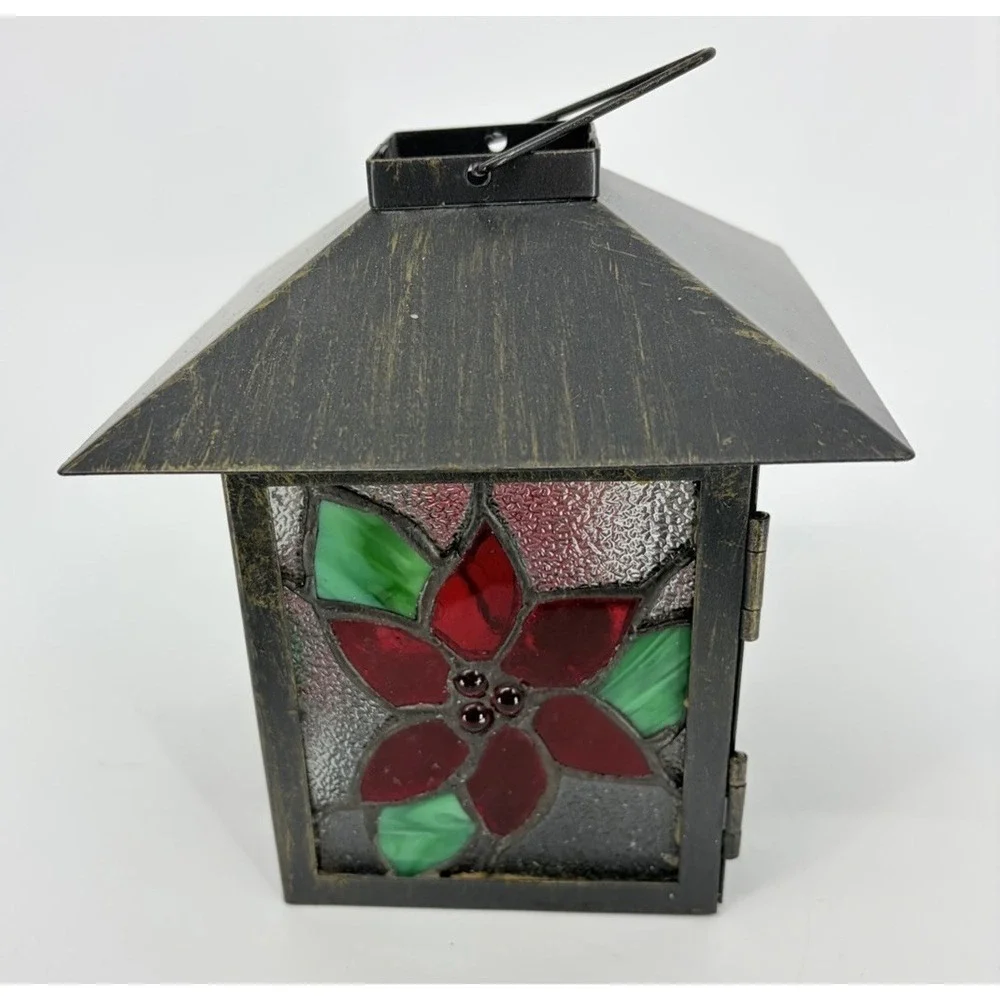 Stained Glass Tea Light Candle Holder Lantern Poinsettia Christmas Decoration